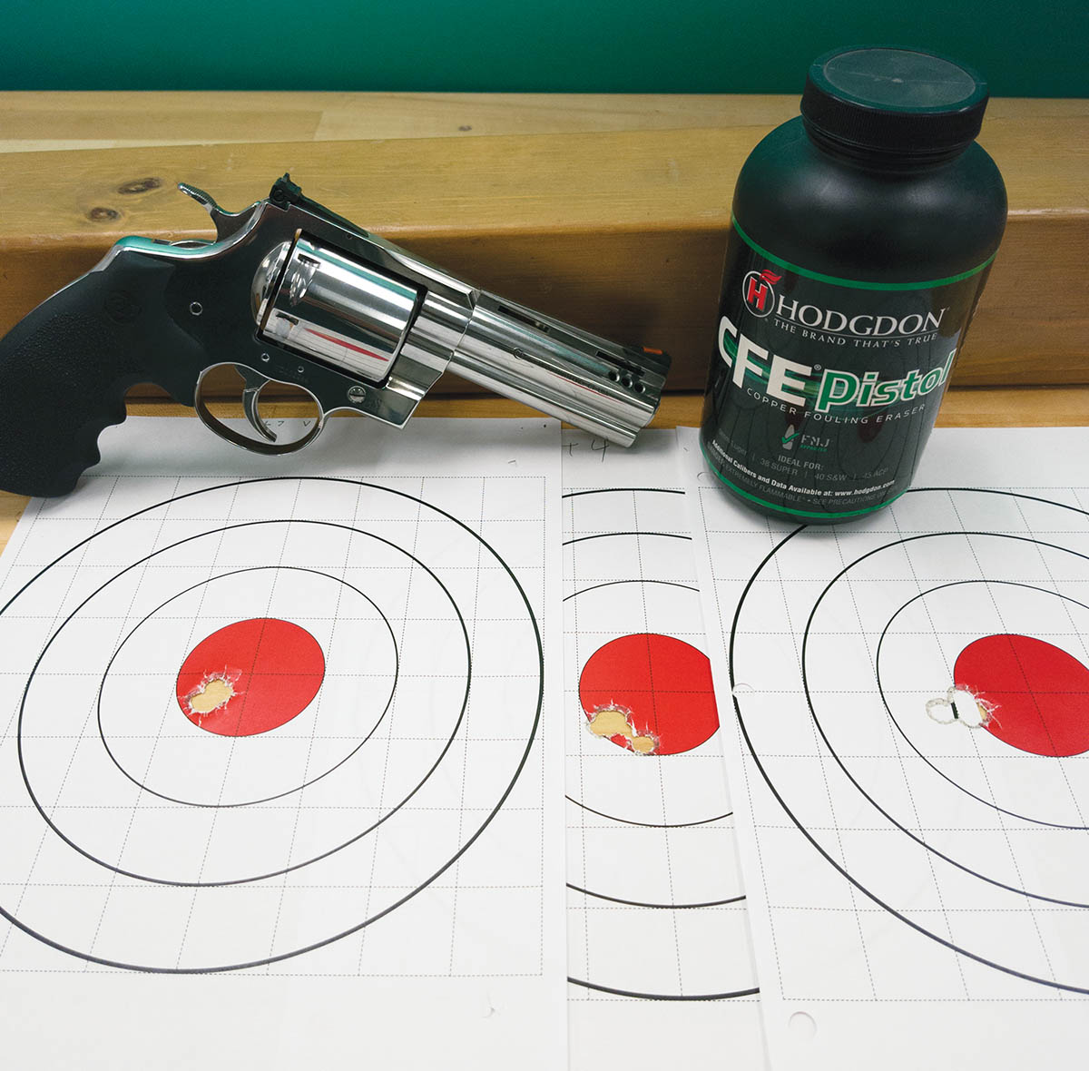 The Colt Kodiak was exceptionally fond of Hodgdon CFE Pistol and proved to be extremely accurate  with a variety of charge weight combinations – all grouping well under an inch at 15 yards.